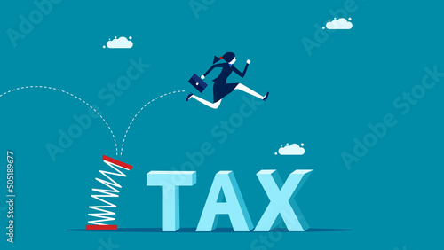 Tax concept. Business woman jumping over tax messages. business concept vector