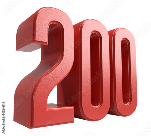 Isolated Number 200 in red color on white background, 3D Render Illustration.