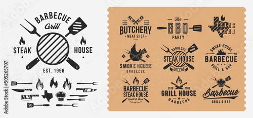 Vector Vintage Barbecue logo set. Set of 10 bbq logo templates and 14 design elements for BBQ, Butchery, Restaurant, Cooking class, Grill emblems. Trendy vintage hipster design.