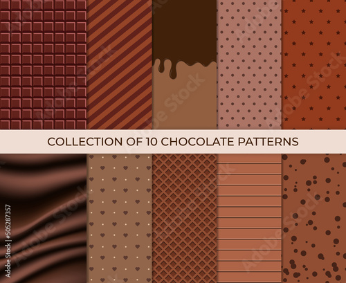 Chocolate patterns. Set of bright food cards. Set of chocolate and choco glaze. Chocolate glaze pattern background. Vector illustration