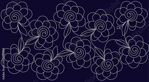 Flowers in one line. The silver line looks slightly convex, three-dimensional. All its bends and crossing are tracked. Dark blue background. Fascinating minimalist composition.