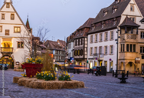Obernai main square and town hall during spring, Alsace, France