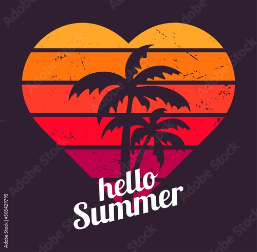 Sunset in vintage style. Heart shape with grunge texture. Neon colors on dark background. Hello summer flat illustration with grunge texture. Palm trees on background of heart. Isolated illustration.