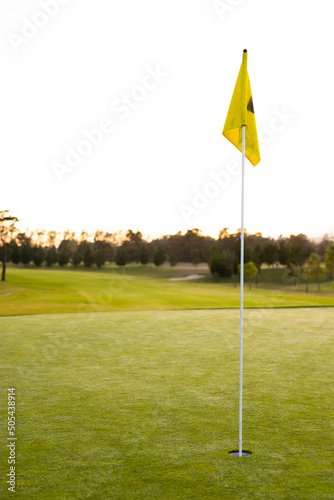 Yellow golf flag in hole amidst grassy landscape against trees and clear sky during sunset
