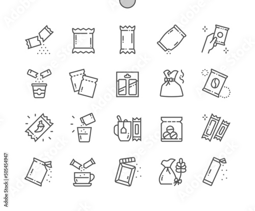 Sachet. Sugar powder packet, soluble pill. Aromatic sachet. Open package. Pixel Perfect Vector Thin Line Icons. Simple Minimal Pictogram