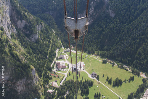 Marmolada cable car. Aerial view on the valley station of Malga Ciapela, Rocca Pietore, Dolomites, province of Belluno, Veneto, Italy.
