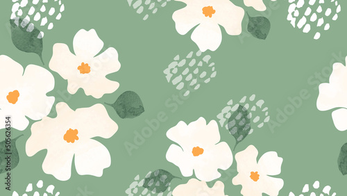 Abstract floral in seamless pattern background. White flowers, flower petals, blooms, leaves on green wallpaper. Blossom fabric pattern with watercolor texture for banner, prints, packaging.