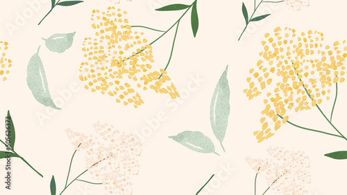 Abstract floral in seamless pattern background. Yellow flowers, wildflowers, blooms, leaves on yellow wallpaper. Blossom fabric pattern with watercolor texture for banner, prints, packaging.