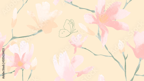 Abstract floral in seamless pattern background. Pink flowers, blooms, branches, butterfly and leaves on yellow wallpaper. Blossom fabric pattern with watercolor texture for banner, prints, packaging.