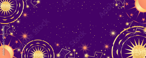 Celestial astrological background with constellations, stars, sun and moon. Mystical astrology, celestial space with golden signs. Vector illustration.