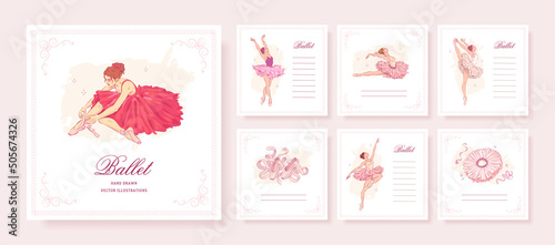 Set of hand drawn square banners with ballerina and ballet accessories. Ballet greeting card collection. Vector illustration
