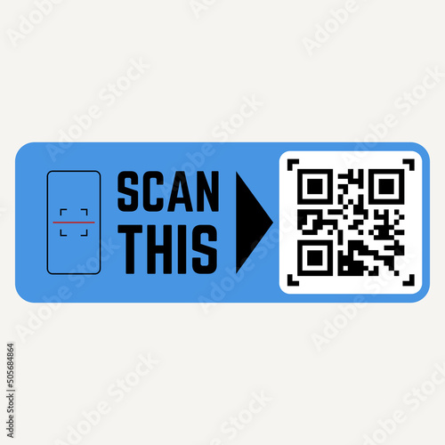 Scan this qr code sticker template. Mockup of label with QR code on blue background and black text scan this.