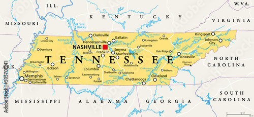 Tennessee, TN, political map, with capital Nashville, largest cities, lakes and rivers. State of Tennessee. Landlocked state in Southeastern region of the United States, nicknamed The Volunteer State.