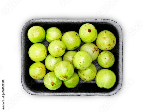  Amla Fresh (Indian gooseberry) fruits in bowl on white Background.