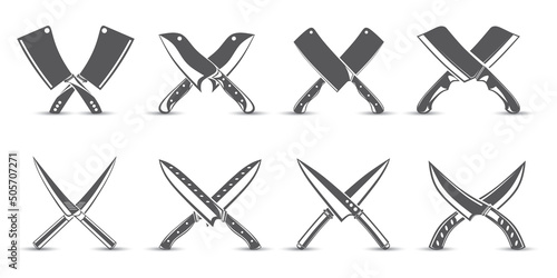 set of knife silhouette designs with various shapes. collection of butcher knife logo elements or icons with x shape, vector illustration