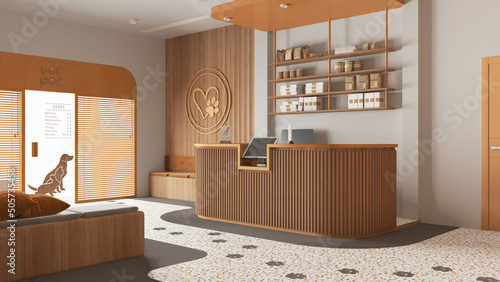 Veterinary clinic waiting room in orange and wooden tones. Reception desk with carpet, sitting space with benches with pillows. Terrazzo tiles, shelves with pet food. Interior design
