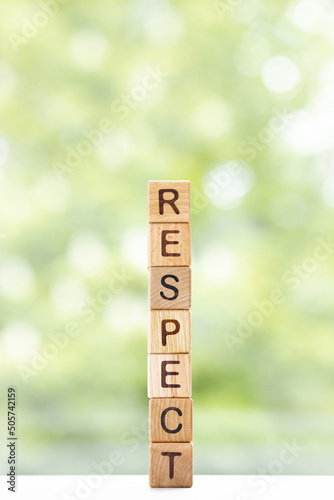 Respect - word is written on wooden cubes on a green summer background. Close-up of wooden elements.