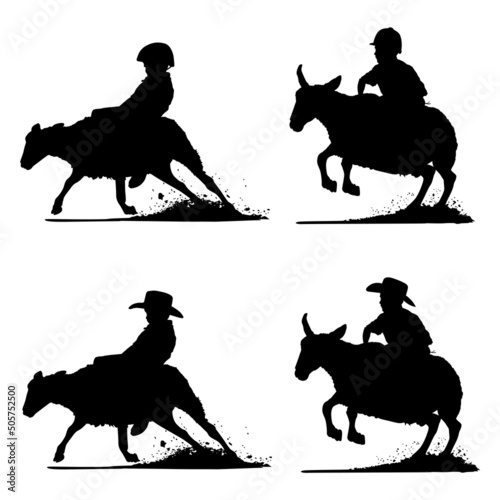 Vector silhouettes of a young child rodeo cowboy riding a bucking sheep. This is a rodeo event called mutton busting.