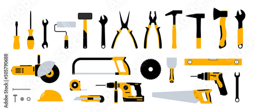 Construction tools hammer repair carpentry background. Electric home tool screwdriver toolkit collection