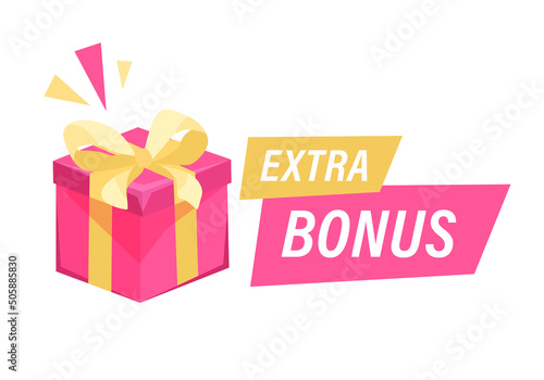 Vector Illustration extra bonus sign. Gift pink box with ribbon. Flat design for business and advertising. Label for web. 