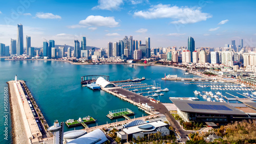 Aerial photography of Qingdao city coastline scenery panorama