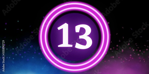 Number 13. Banner with the number thirteen on a black background and blue and purple details with a circle purple in the middle
