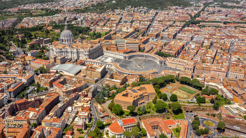 Aerial view of Papal Basilica of Saint Peter in the Vatican located in Rome, Italy. It is the most largest and important church of Catholicism in the world and the residence of the Pope.