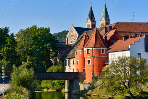 The colorful famous Biertor with the bridge across river Regen in Cham, Bavaria.