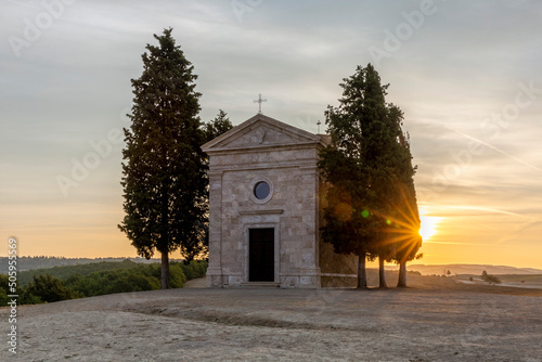 The beautiful tuscan Chapel of the Madonna di Vitaleta at sunrise