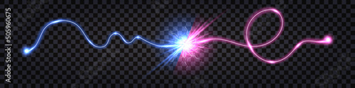 Electric discharge collision, blue vs pink shock effect., glowing lightning thunder bolt. Electric light flash, power wire impulse. Swirl wavy cable. Isolated effect. Vector illustration