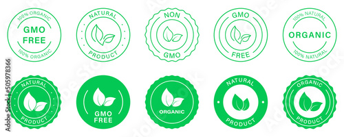 Non Gmo Green Badge. Organic Bio Product Label. Eco Stamp Logo. 100 Percent Ecology Vegan Food. Healthy Natural Product Silhouette Symbol Set. Gmo Free Glyph Pictogram. Isolated Vector Illustration