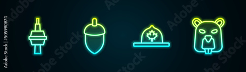 Set line TV CN Tower in Toronto, Acorn, Canadian ranger hat and Beaver animal. Glowing neon icon. Vector