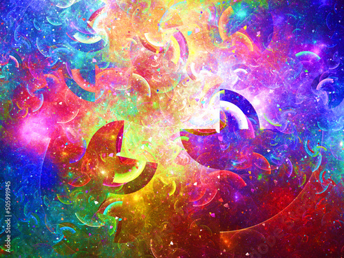 Composición de arte fractal digital consistente en cuartos de círculos coloridos aglomerados en un todo con aspecto de ser la destrucción de anillos energéticos espaciales.