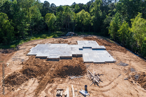 New Home construction site with concrete foundation