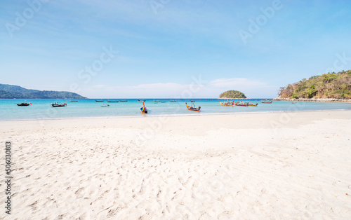 Amazing beautiful Phuket beach with wave crashing on sandy shore Thailand Landscapes view of white sand beach sea and clear blue sky in summer season At Phuket Beach Thailand