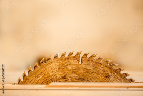 Sawmill close-up disc saw. Furniture production sawing parts for wooden furniture. Industrial plant.