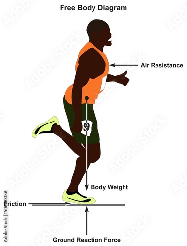 Human free body infographic diagram physics mechanics dynamics science education cartoon vector drawing chart illustration scheme man racer race air resistance weight friction reaction force