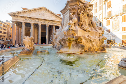 Morning view on famous Pantheon, Roman temple with fountain and Macuteo obelisc in Rome. Visiting italian sightseeings. Idea of travel Italy