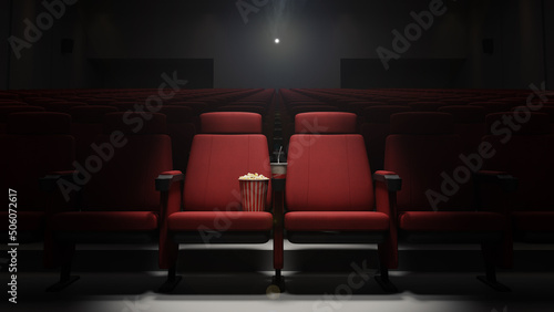 movie theater seat with popcorn and drink, 3d rendering