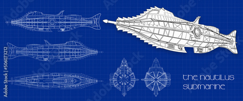 Nautilus Blueprint. Nautilus submarine detailed. 