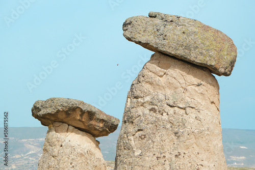 Cappadocia, close up and selective focus view of special stones local name called peri bacalari which is one of UNESCO World Heritage Site of Turkey Cappadocia