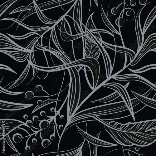 Floral seamless pattern with silver flowers, leaf, berries. Vector line art for luxury invitation design, fashion, textile, greeting cards, gift wrapping paper, scrapbooking. Black background