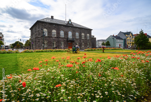 Flowers on Austurvöllur square just outside the Althingi building, one of the oldest surviving parliaments in the world, downtown Reykjavík, Iceland