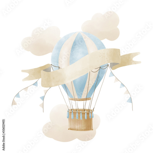 Hot Air Balloon Template for Birthday or Greeting cards. Cute Watercolor hand drawn illustration in Blue and beige colors. Postcard for newborn party