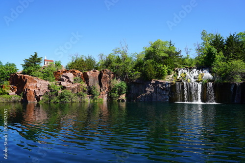 Rock formation, waterfalls, and pond at Daggett Memorial Park in Montello, Wisconsin