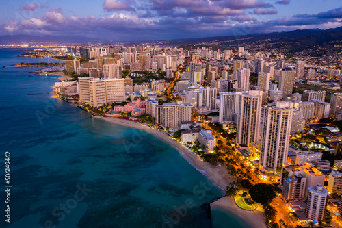 Aerial Photo of Waikiki, Honolulu, Oahu, Hawaii at Dawn