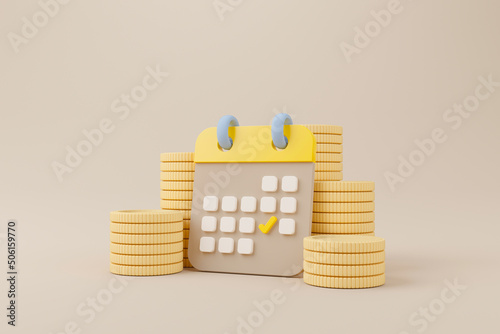 Calendar minimal simple design and gold coins stack on brown background. Time is money concept. Save money and investment. 3d rendering illustration