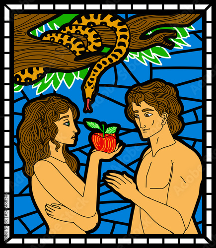 adam and eve and the snake taking apples in eden garden stained glass