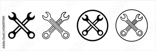 Wench icon set. Crossed wrench tool with ratchet vector icon set. Symbol and sign of hand tool, mechanic job, technical, setup, setting, construction, website builder. Vector stock illustration.