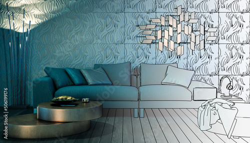 Wohnlandschaften: modernes Sofa, Wandverkleidung und Deko beim Kunstlicht (Entwurf) - 3D Visualisierung